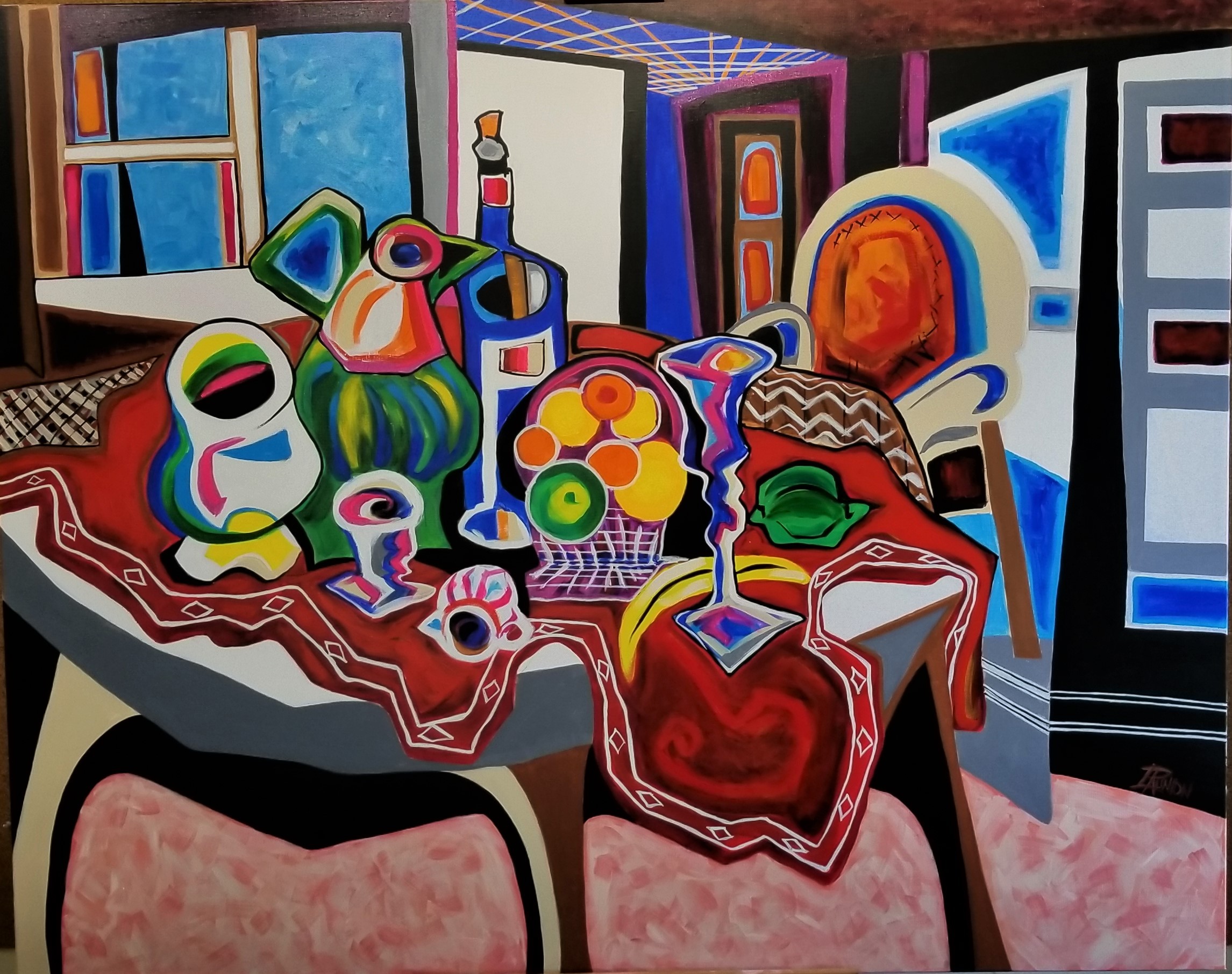 Still life, green pitcher and blue bottle